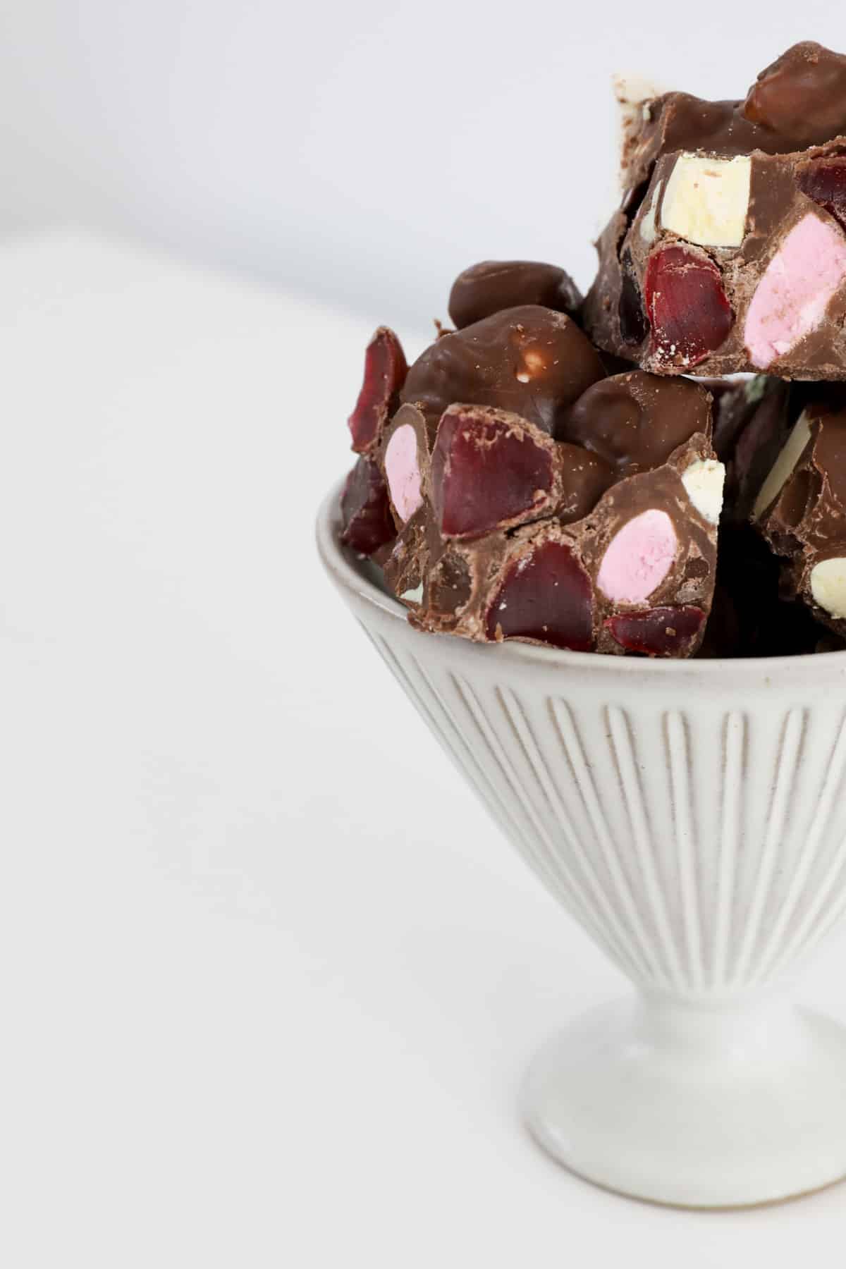 Rocky road with Clinkers in a small white bowl.