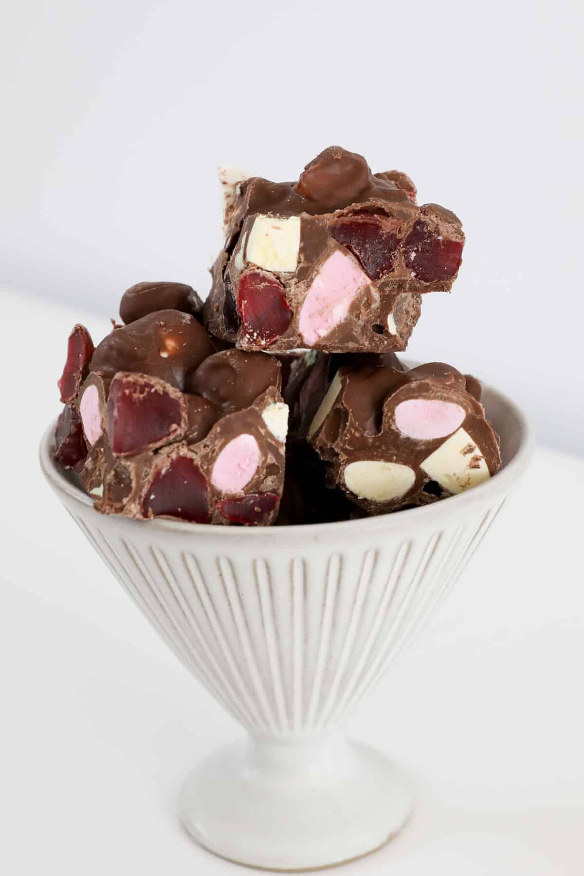 Chocolate rocky road with Clinkers in a bowl.