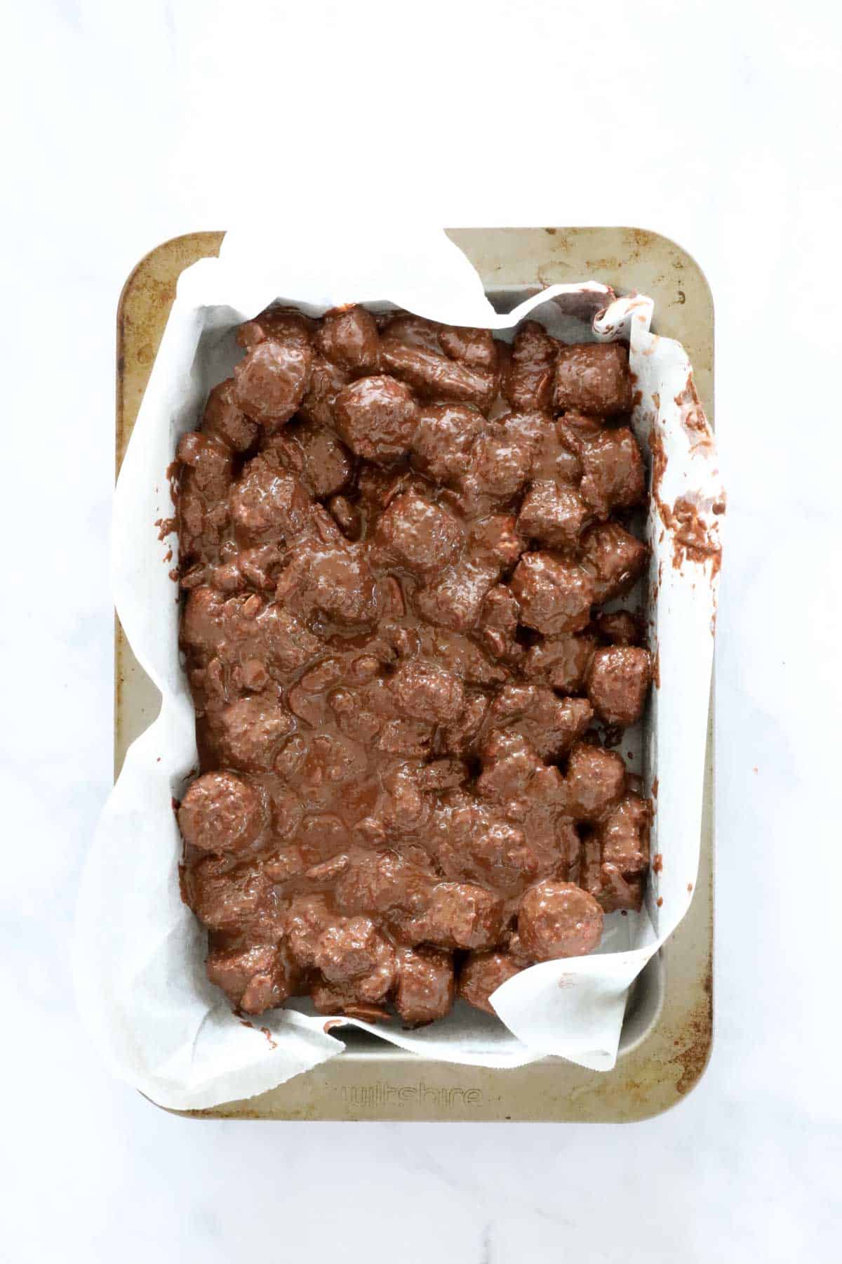 Rocky road in a baking tin.