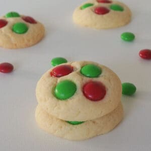 Thermomix Christmas Biscuits on a white background with red and green m&Ms around.