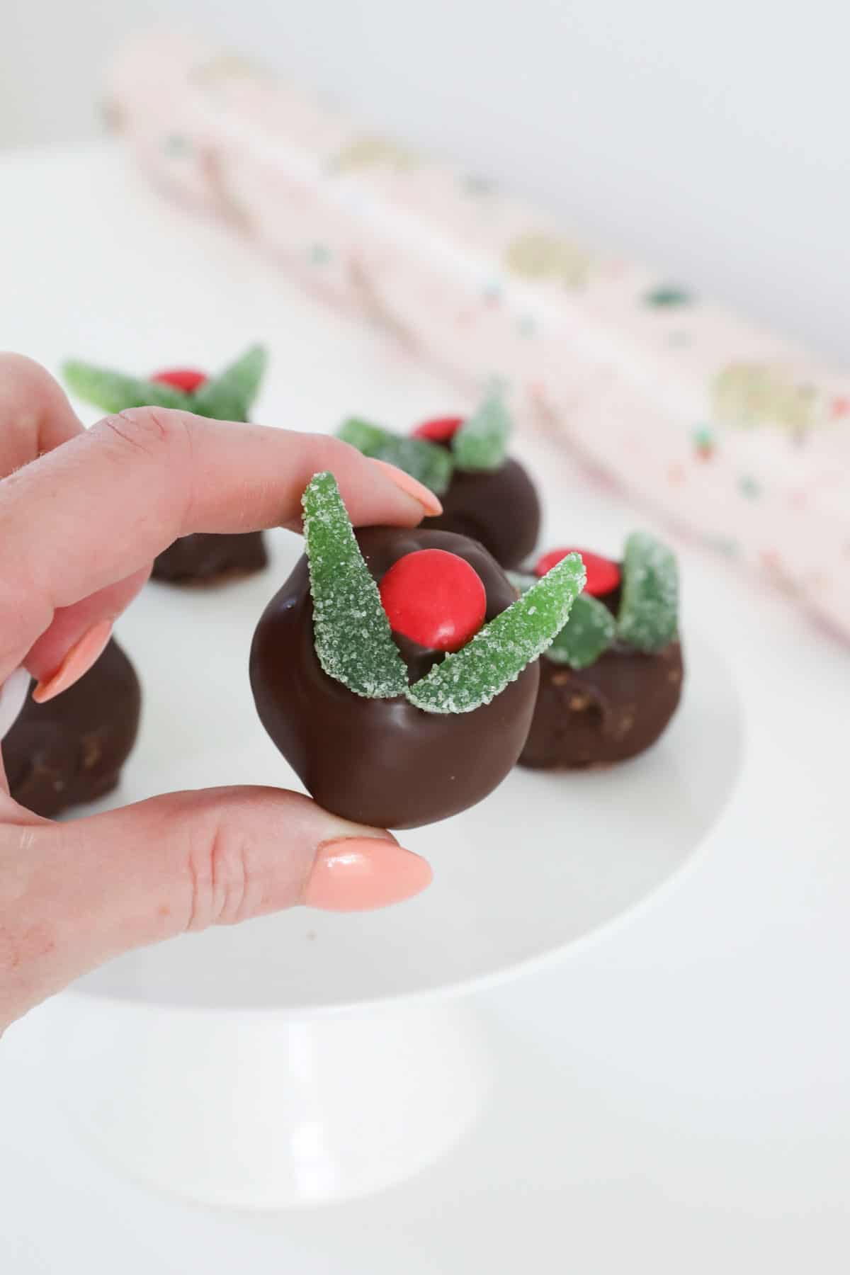 A handholding a Christmas peppermint cheesecake ball.