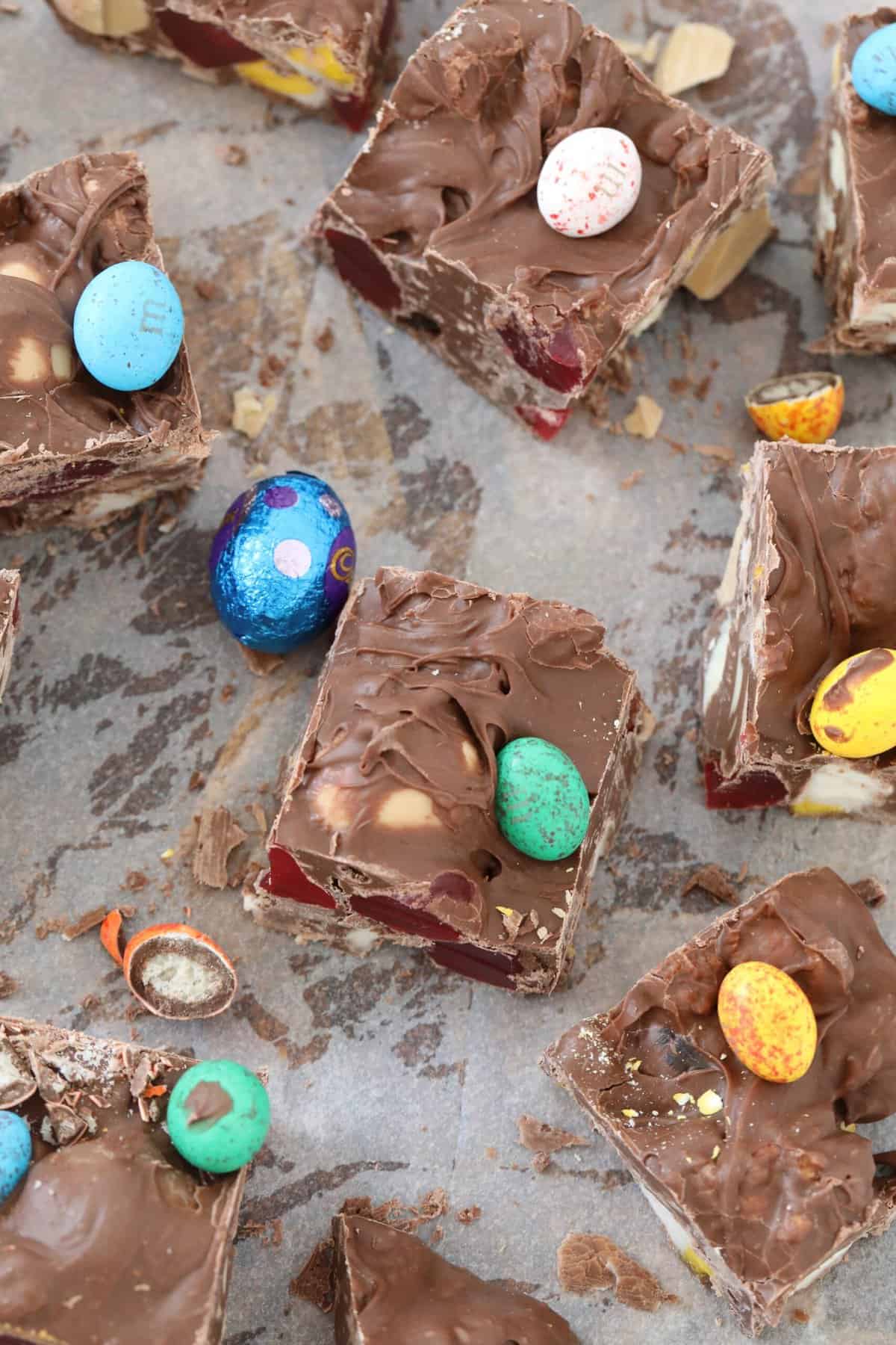 An overhead shot of easter egg rocky road.