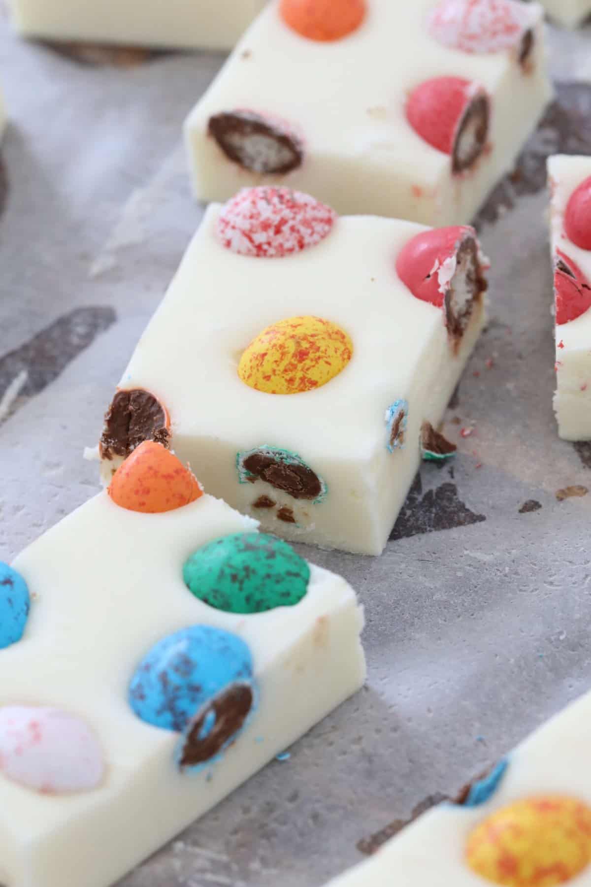White chocolate fudge with colourful Easter eggs.
