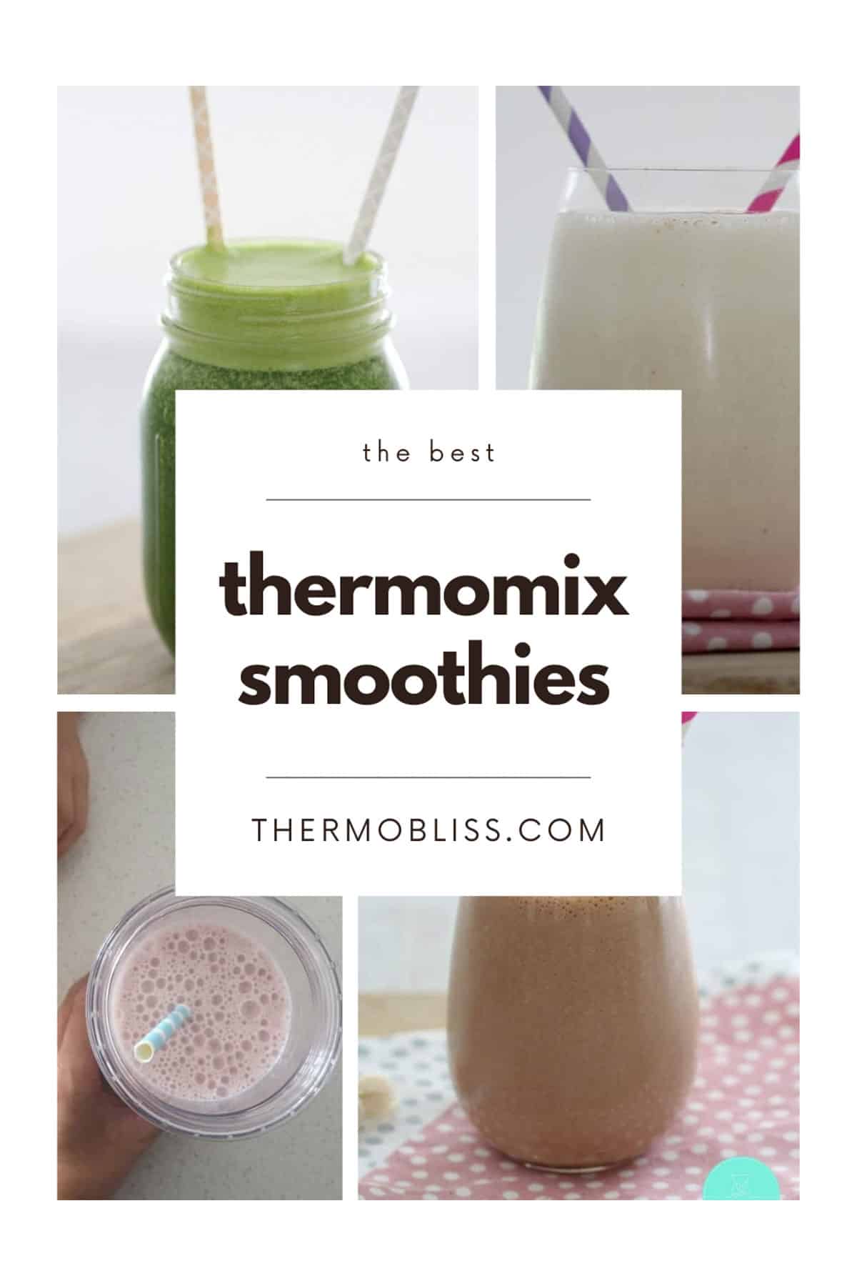 A collage of smoothie recipes made in a Thermomix machine.