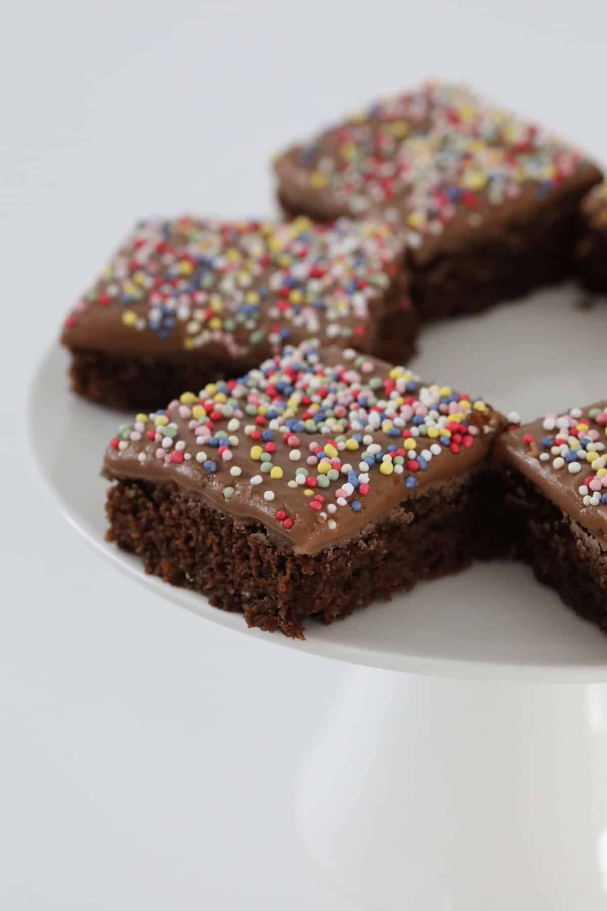 Pieces of chocolate slice with sprinkles on top.