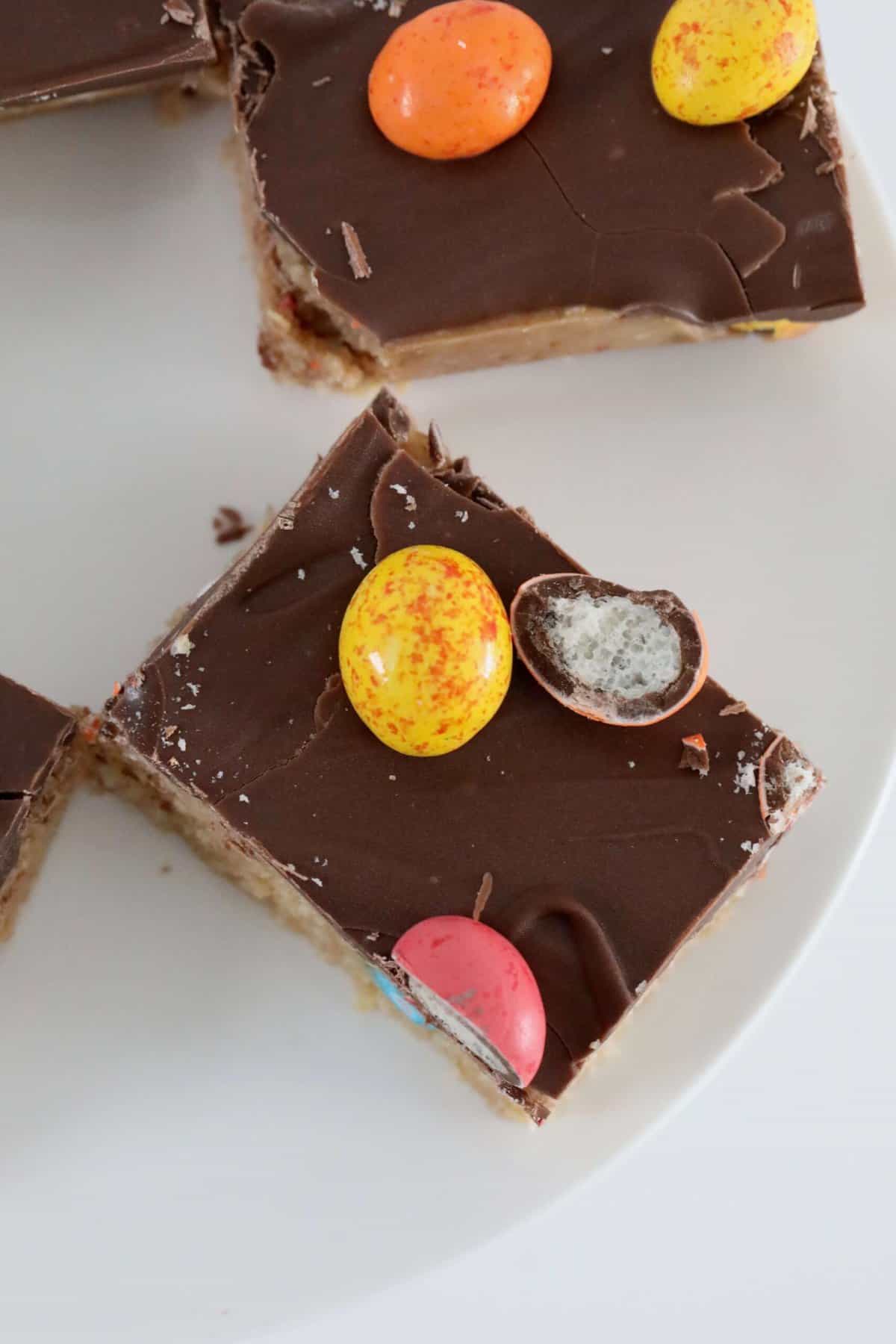 An overhead shot of pieces of easter egg slice