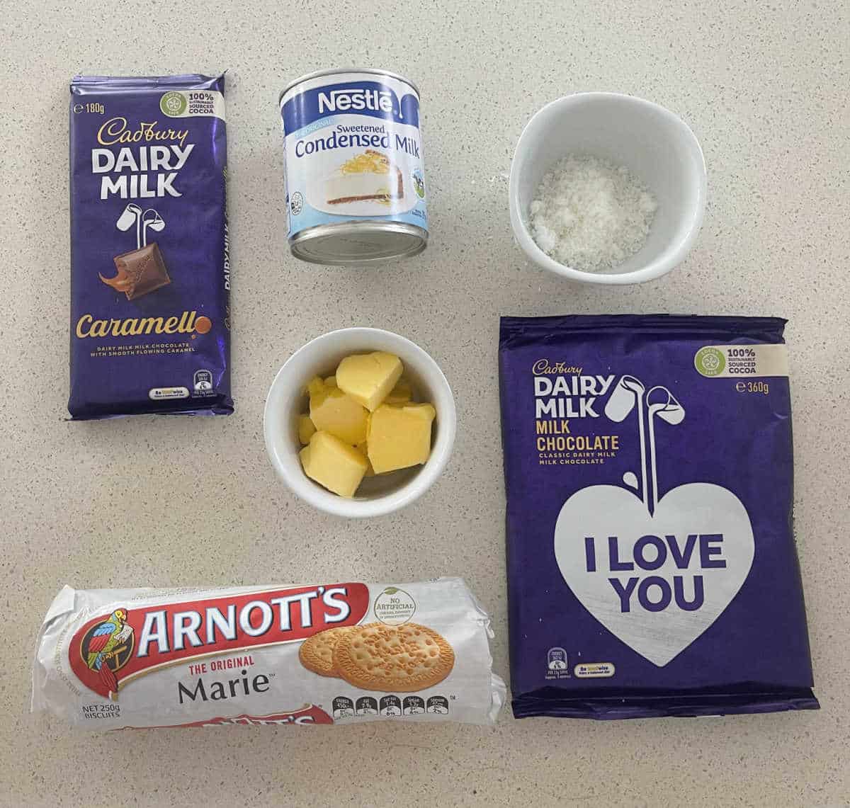 Ingredients needed to make Caramello Slice.