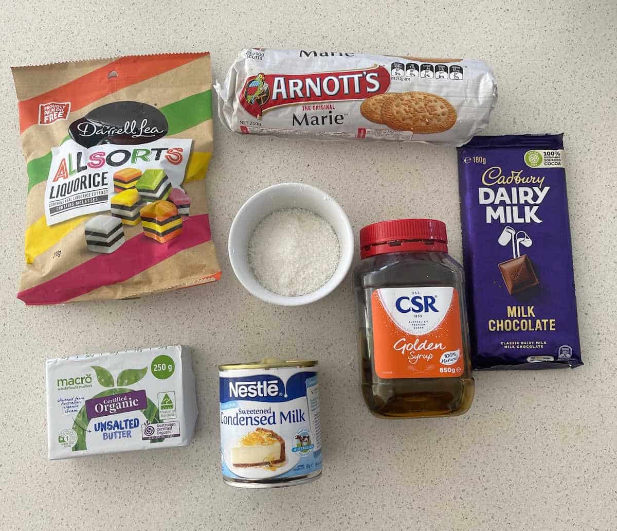 Ingredients needed to make Licorice Allsort Slice