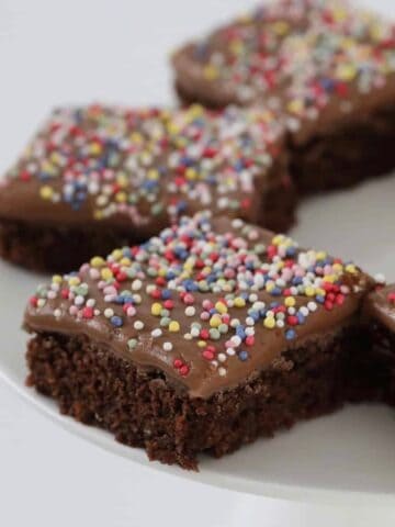 Pieces of chocolate slice with sprinkles on top.