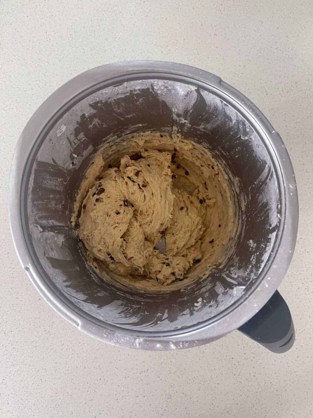 Kneaded date scone mixture in a Thermomix bowl.