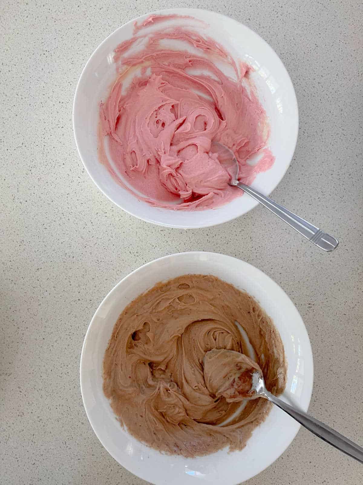 Pink and chocolate cake batter.