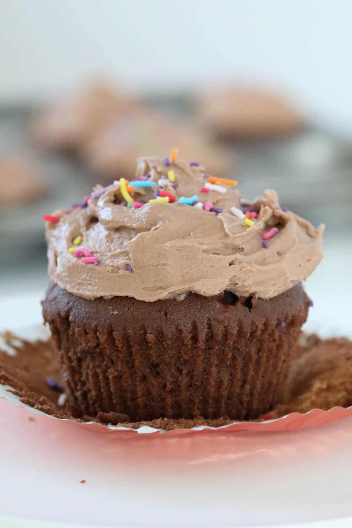 Frosting and sprinkles on top of a cupcake.