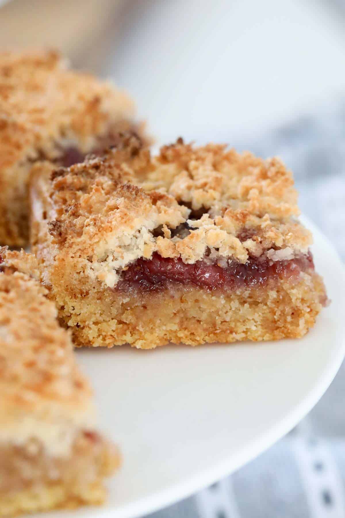 A baked jam slice with a coconut topping.