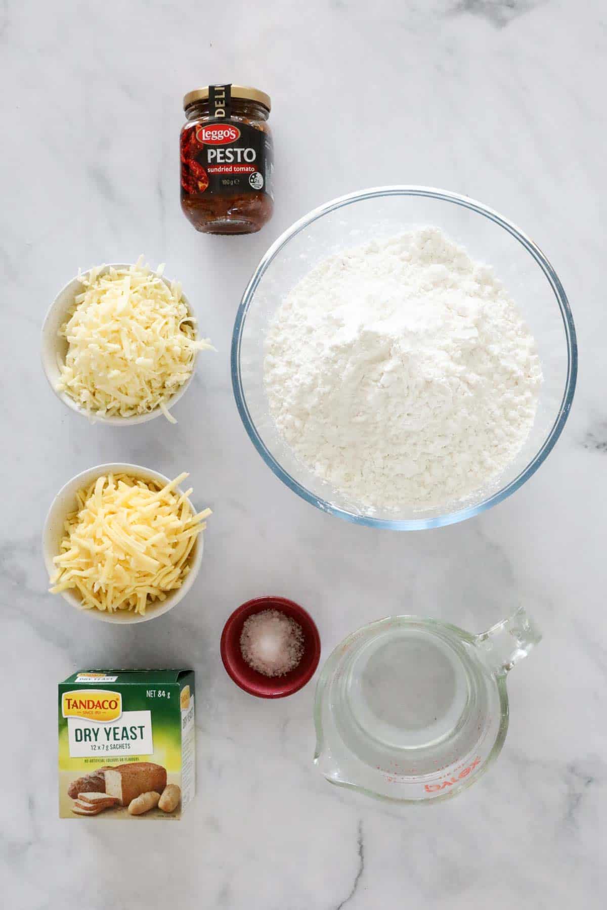 The ingredients for Thermomix Sundried Tomato Pesto & Cheese Pull Apart Bread.