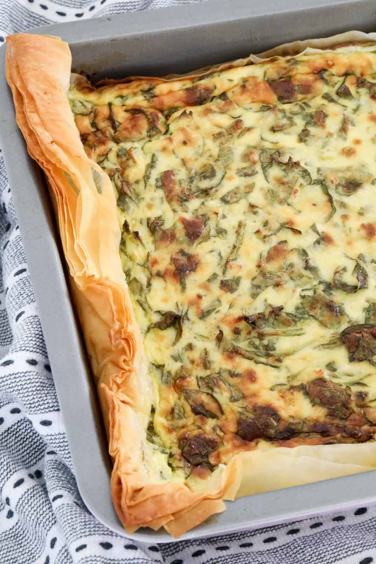 A spinach and cheese filo pie.