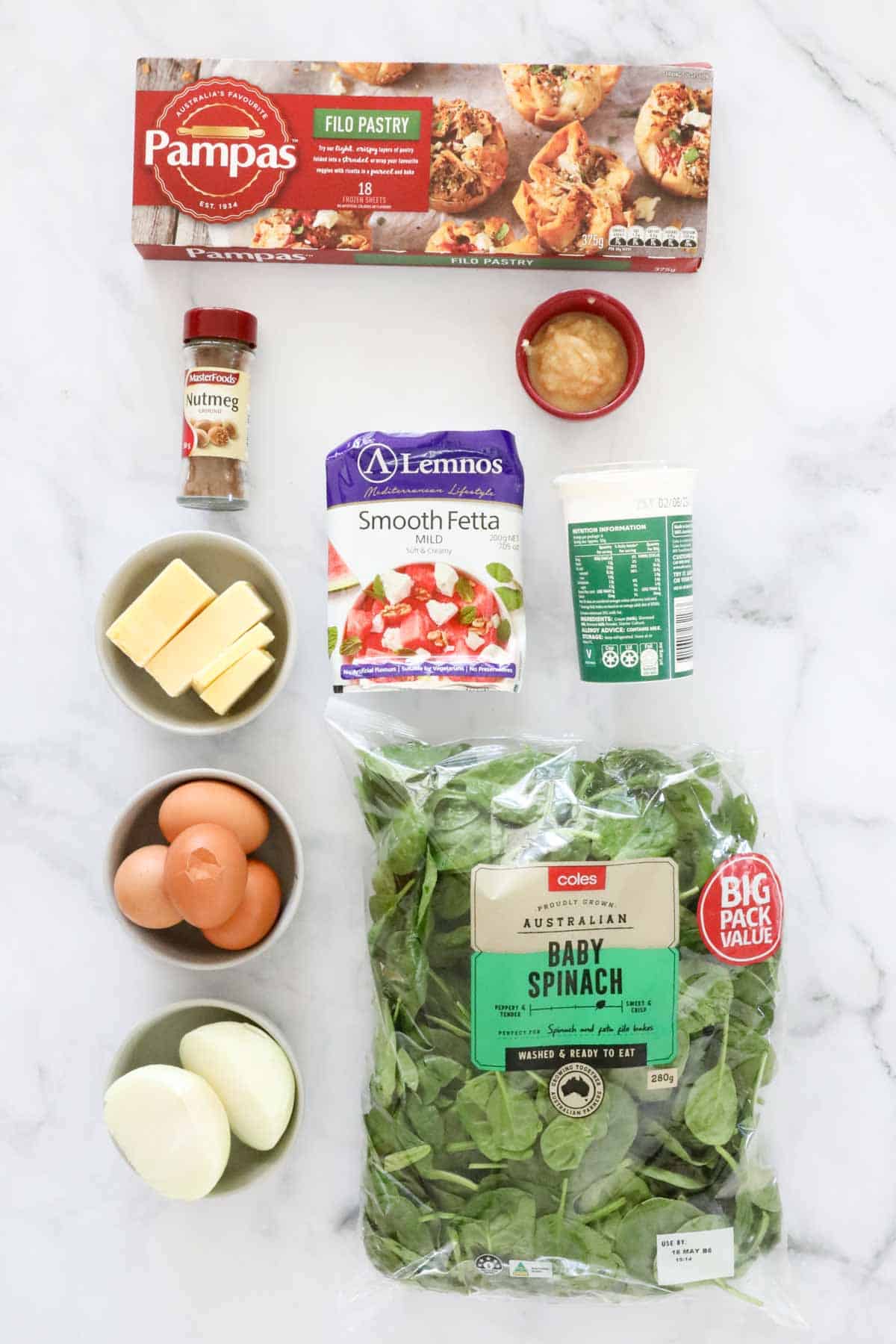 The ingredients for spinach and feta pie.