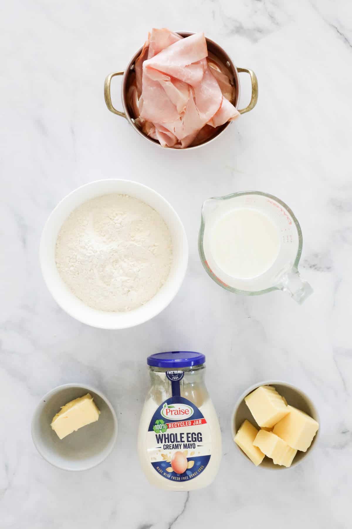 The ingredients for ham, cheese and mayo scrolls.