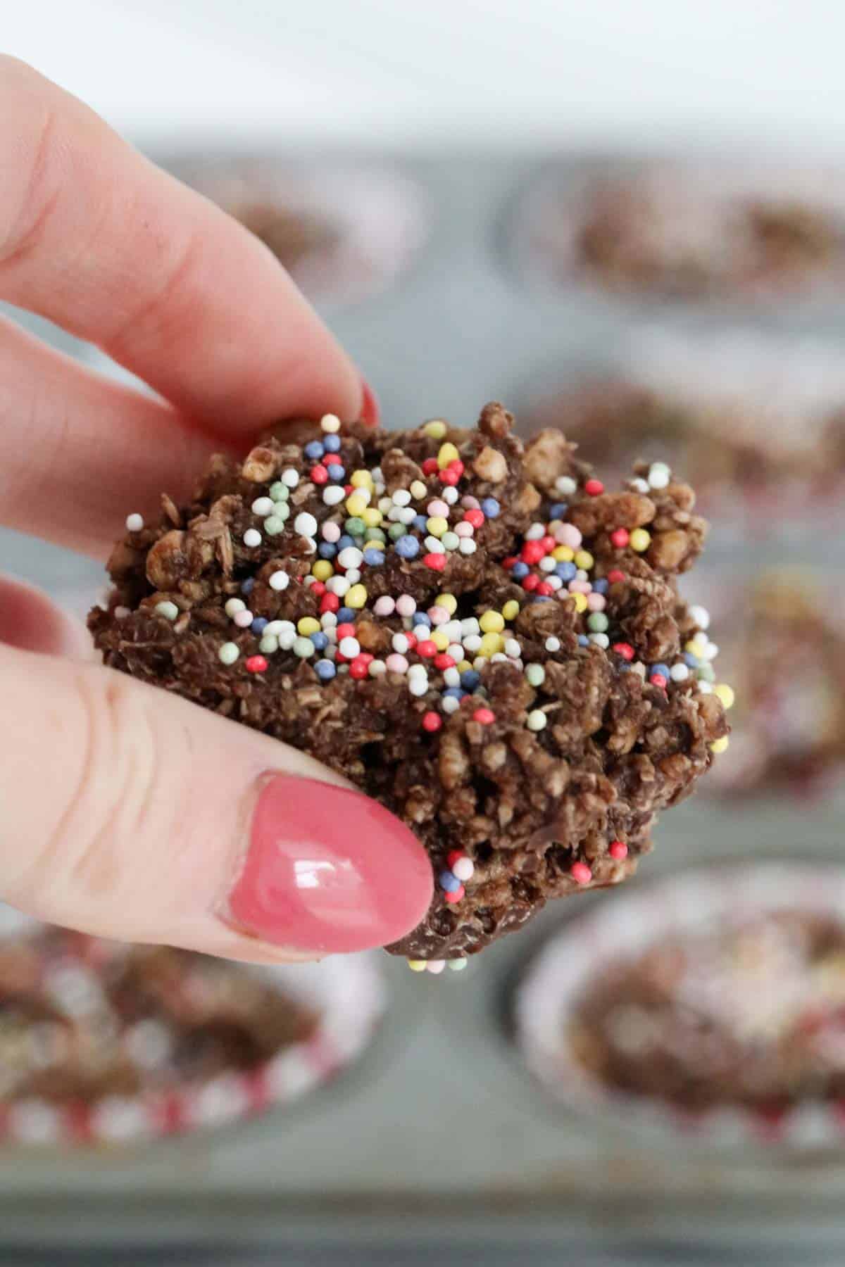 A hand holding a classic chocolate crackle.