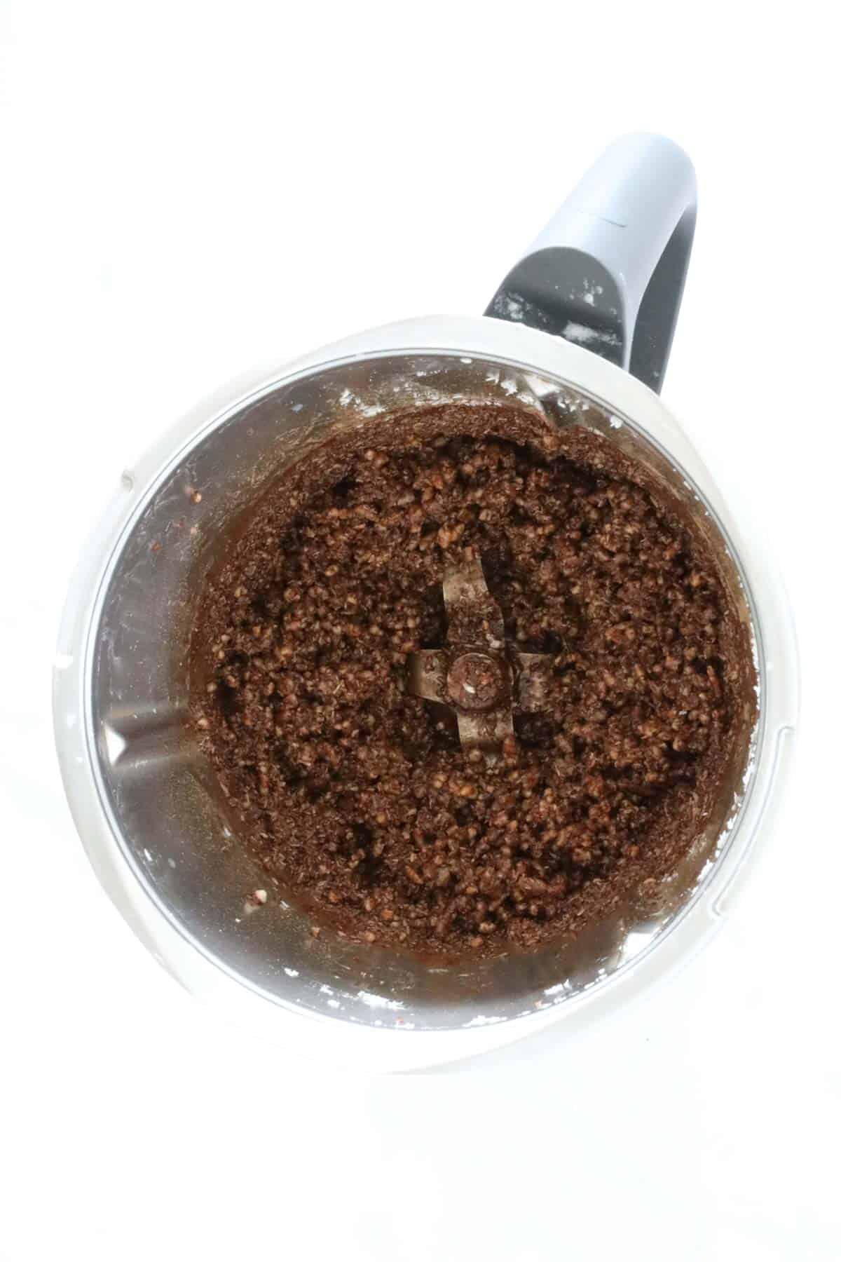 Chocolate rice bubble mixture in a Thermomix.