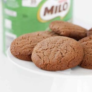 A stack of Milo biscuits on a white stand.