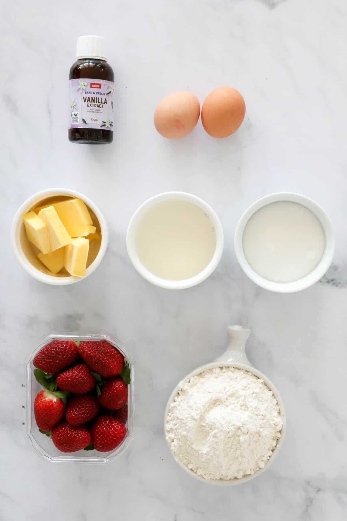 The ingredients for strawberry cupcakes.