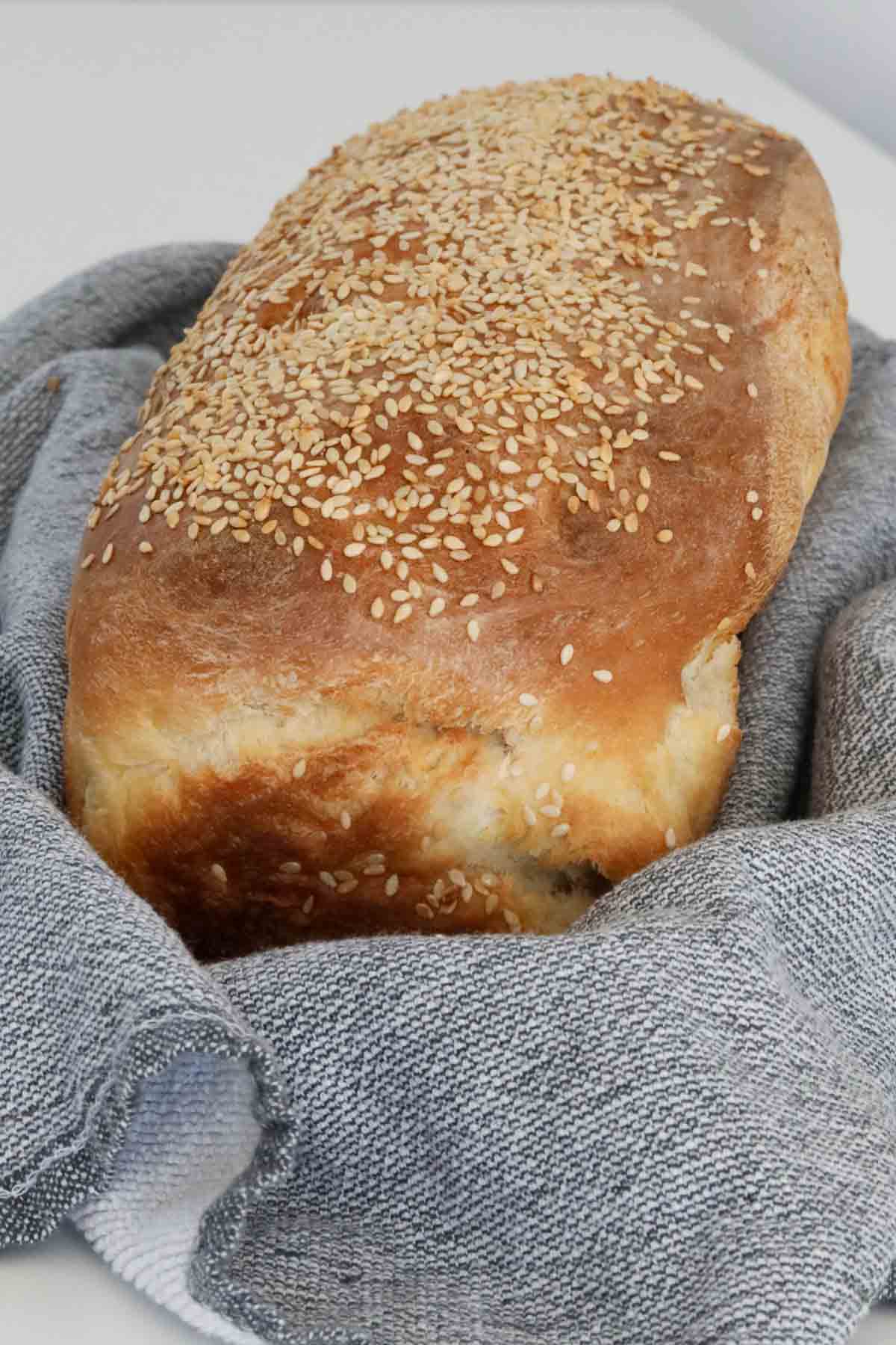 A homemade white bread loaf.