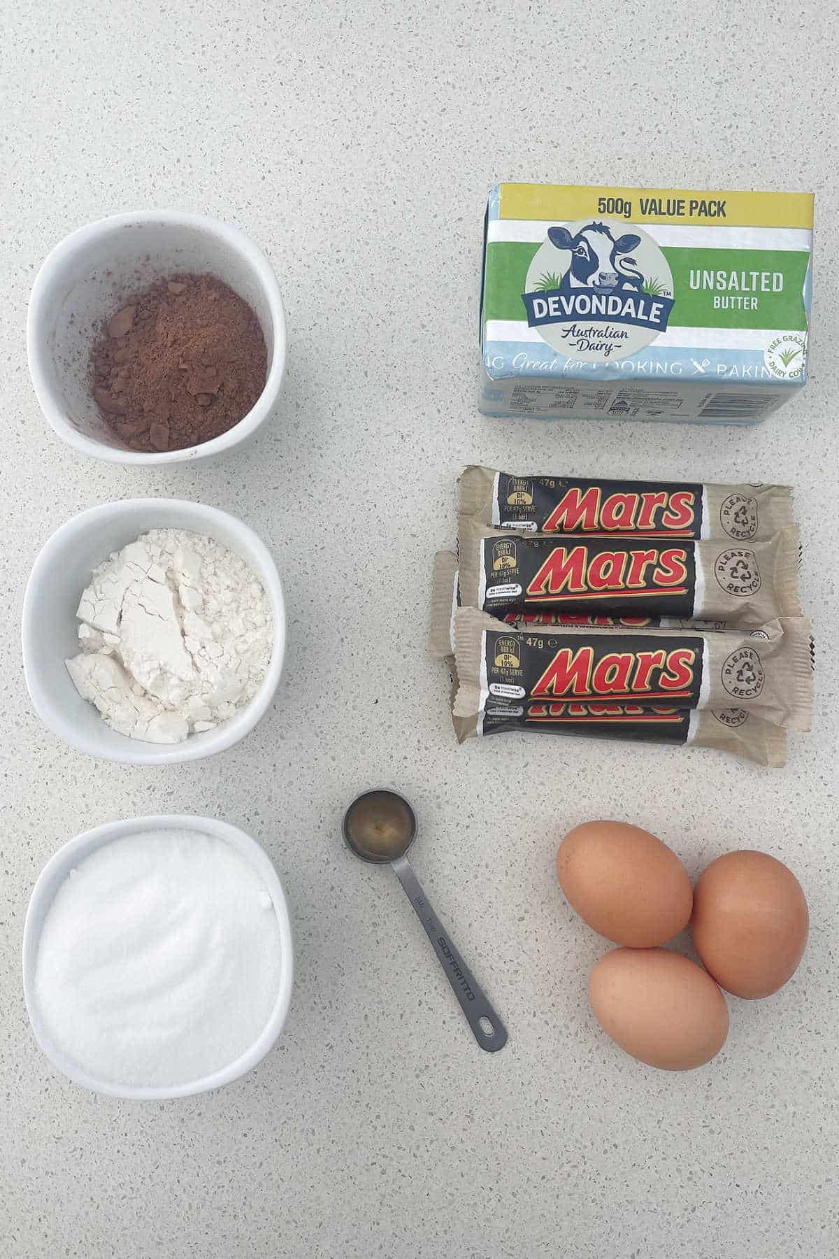 Ingredients to make Mars Bar Brownies.