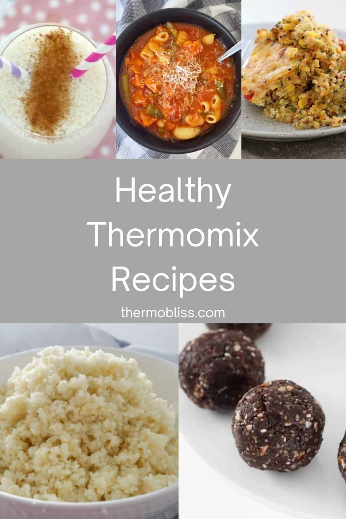 Collage of five images depicting healthy thermomix recipes.
