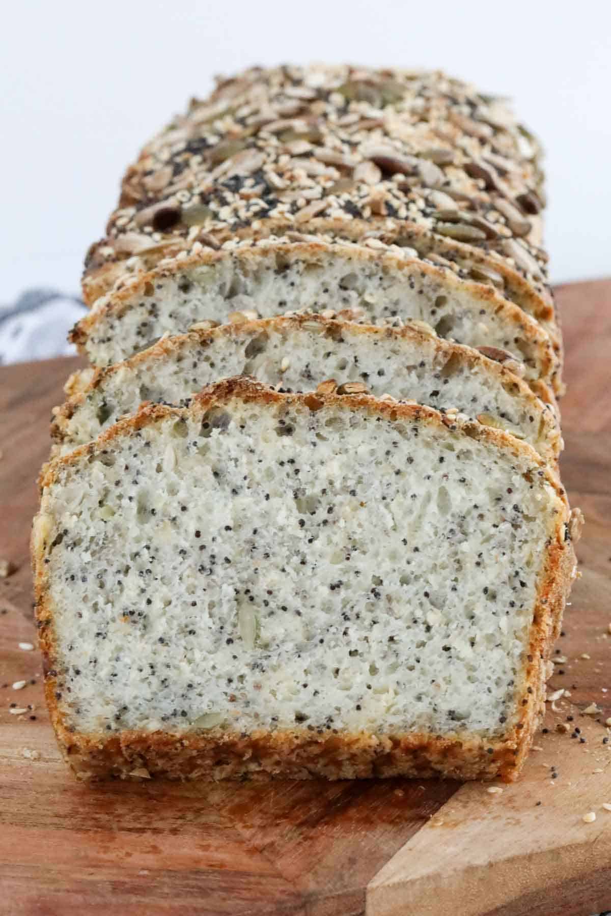 Slices of homemade chia seed bread.