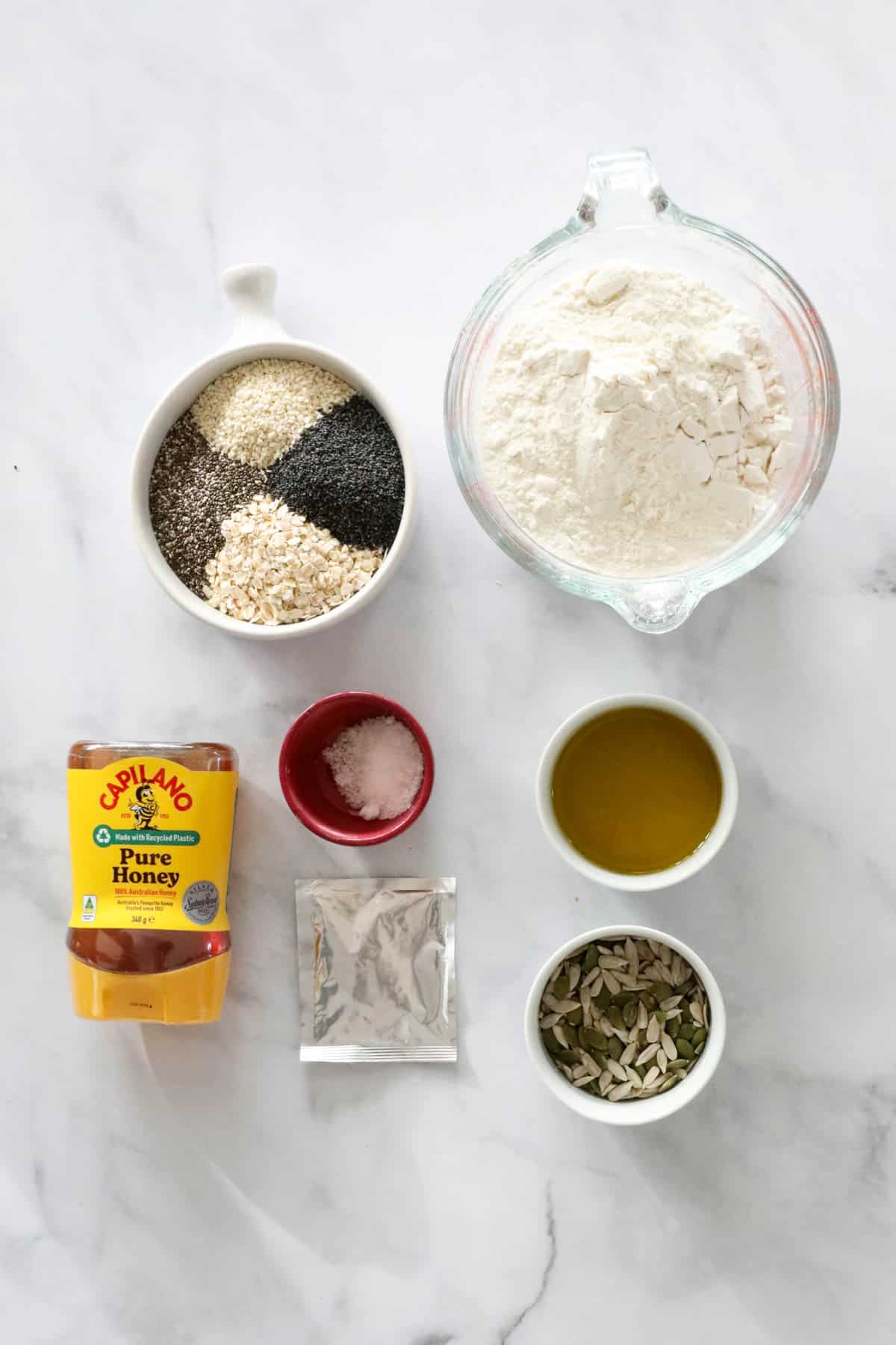 The ingredients for a homemade seed loaf.