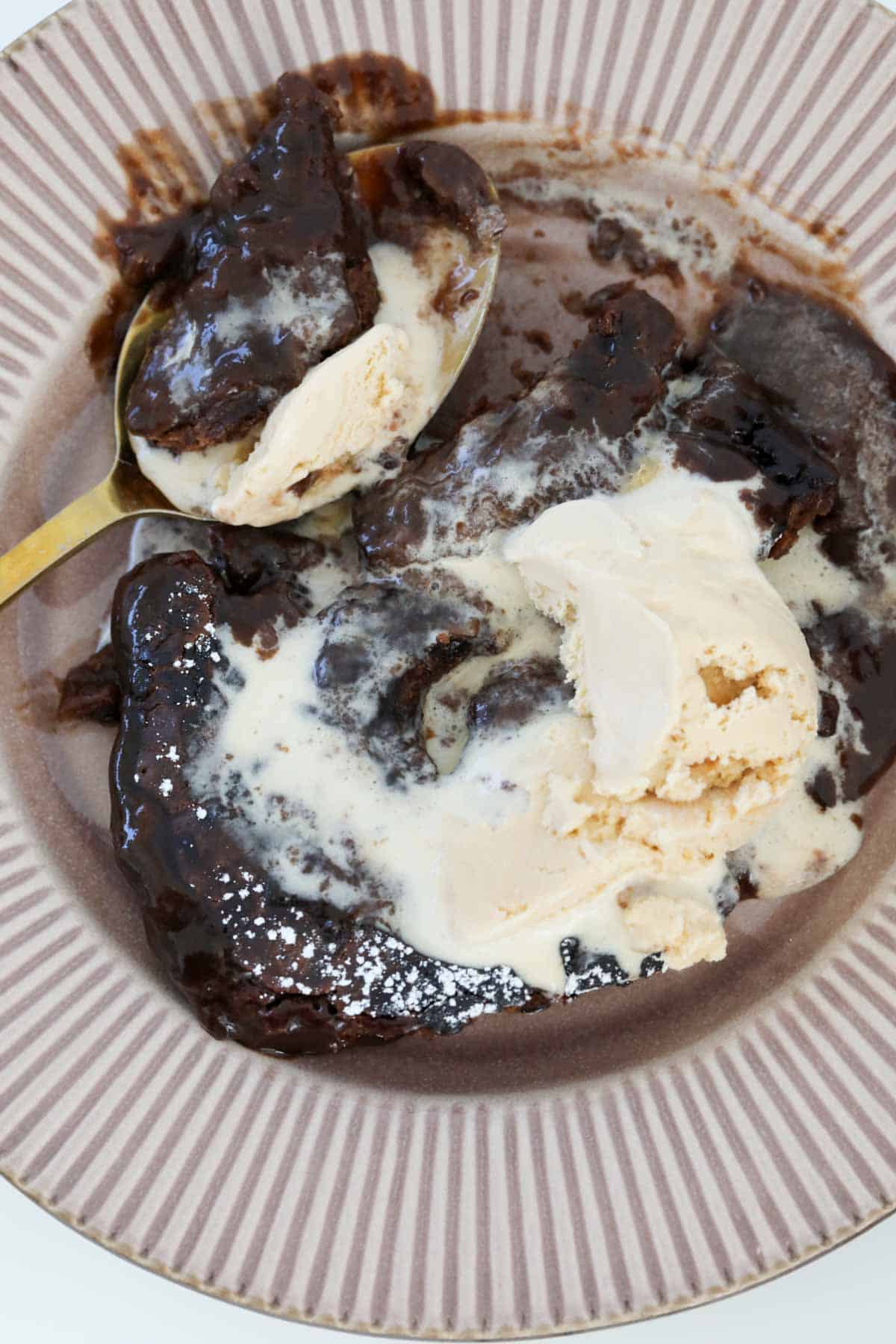 Ice cream swirled through chocolate hot pudding.