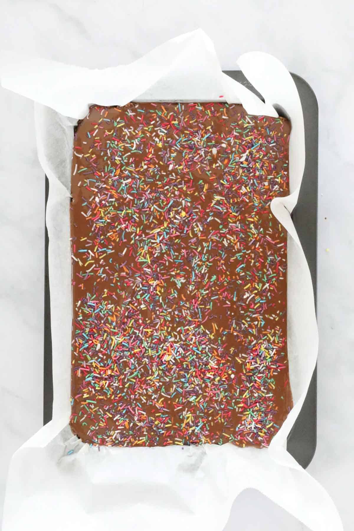 Chocolate slice with sprinkles in a tin.