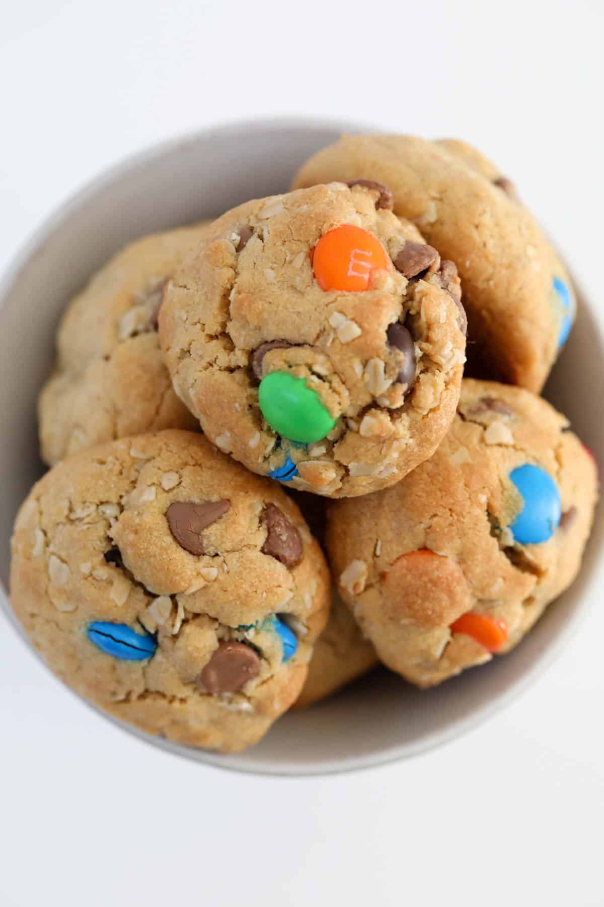 An overhead shot of M&M cookies.