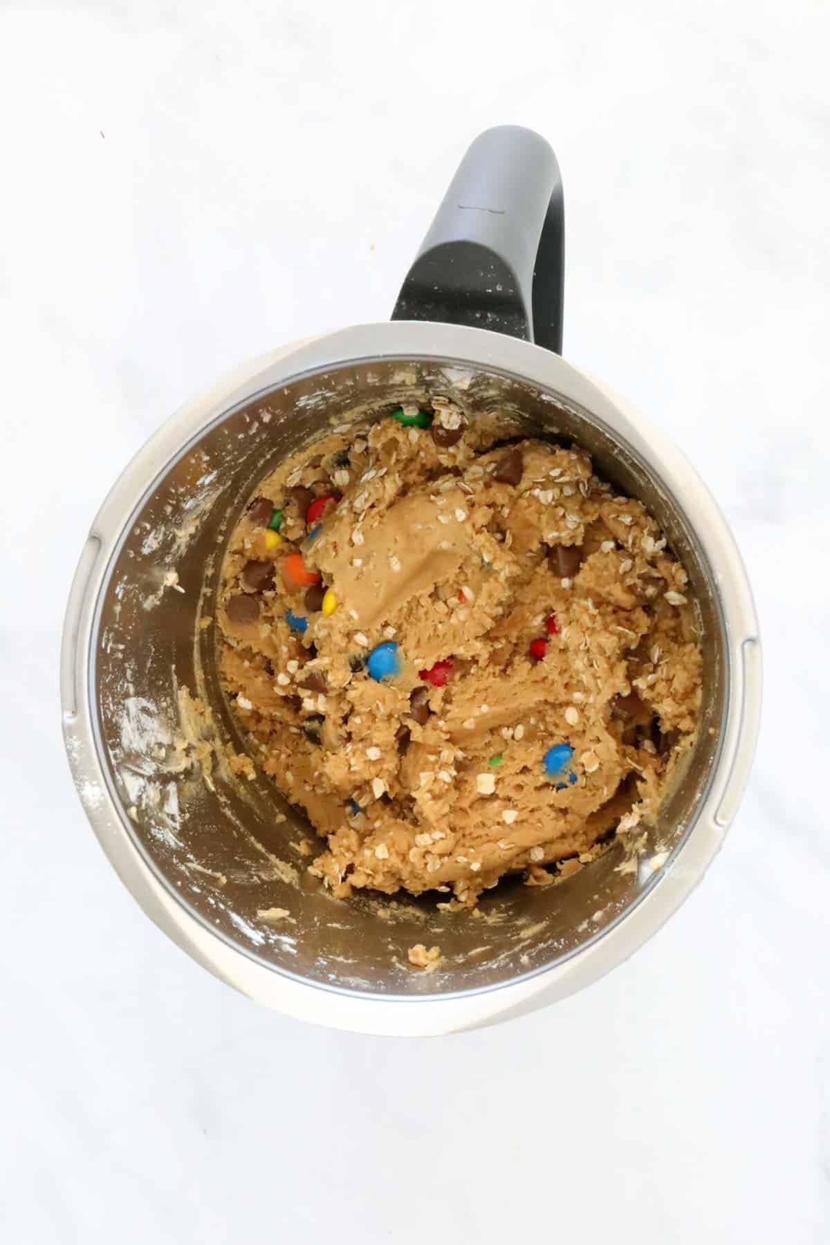 M&M cookie mixture in a Thermomix.