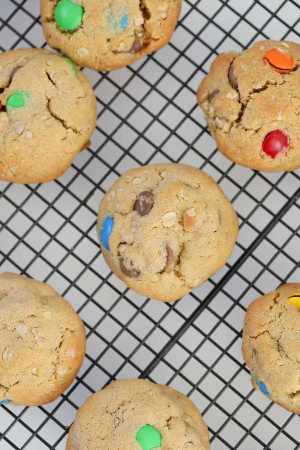 An overhead shot of M&M cookies.