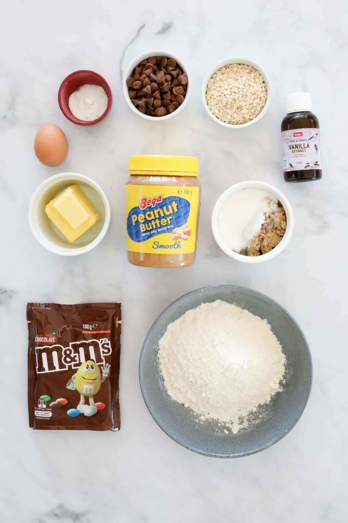 The ingredients for peanut butter, oat and M&M cookies.