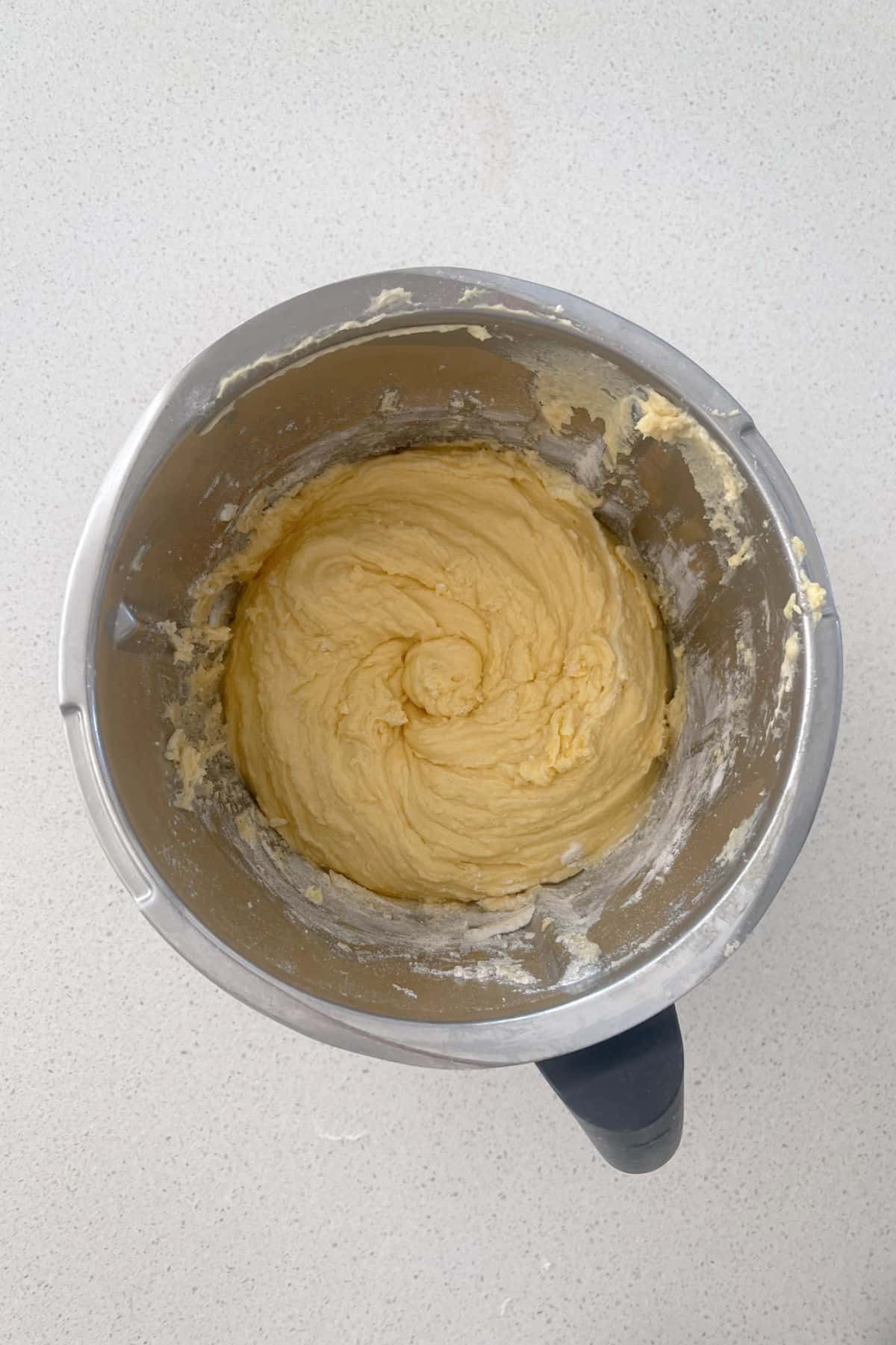 Pound cake batter in a Thermomix bowl.