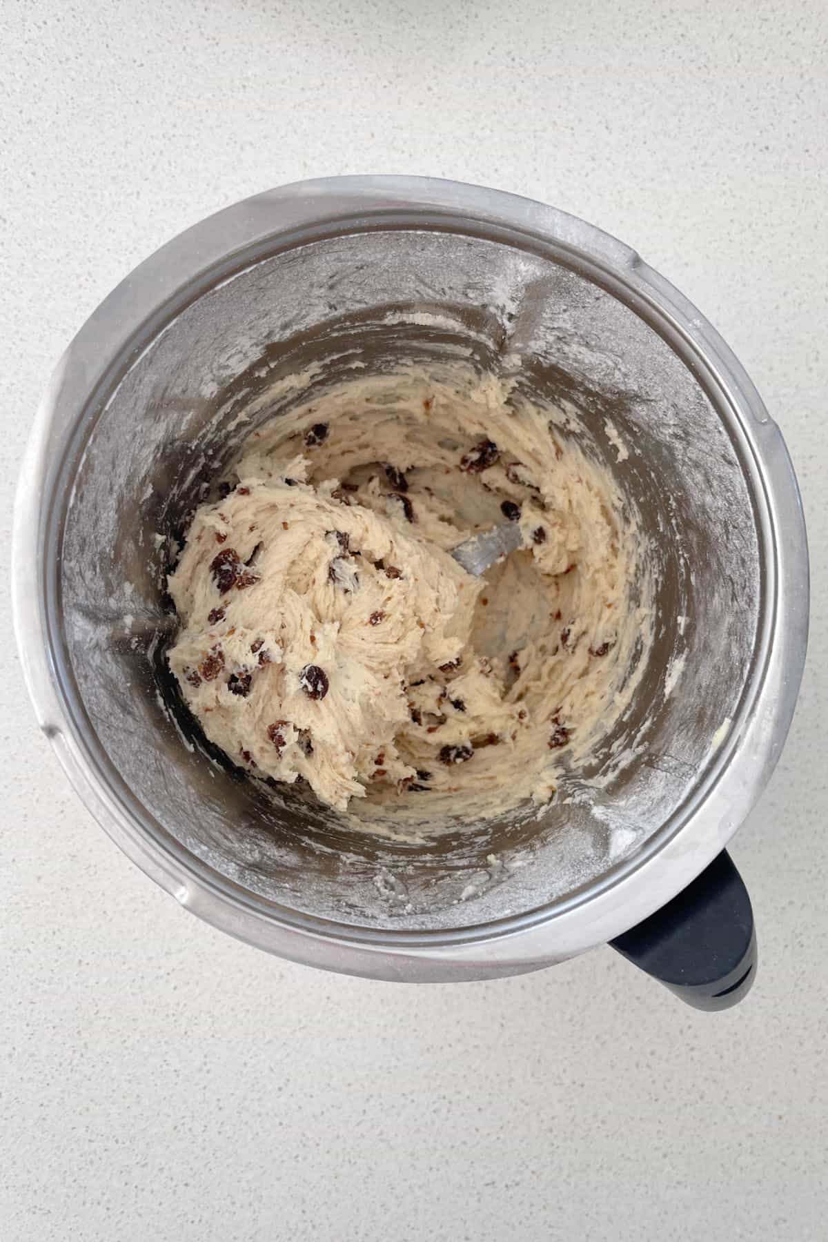 Sultana scone mixture after kneading in a thermomix bowl.