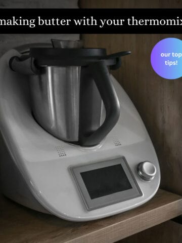 A Thermomix with a text overlay of tips for making butter