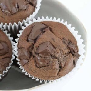 Chocolate chunk muffins in a bowl.