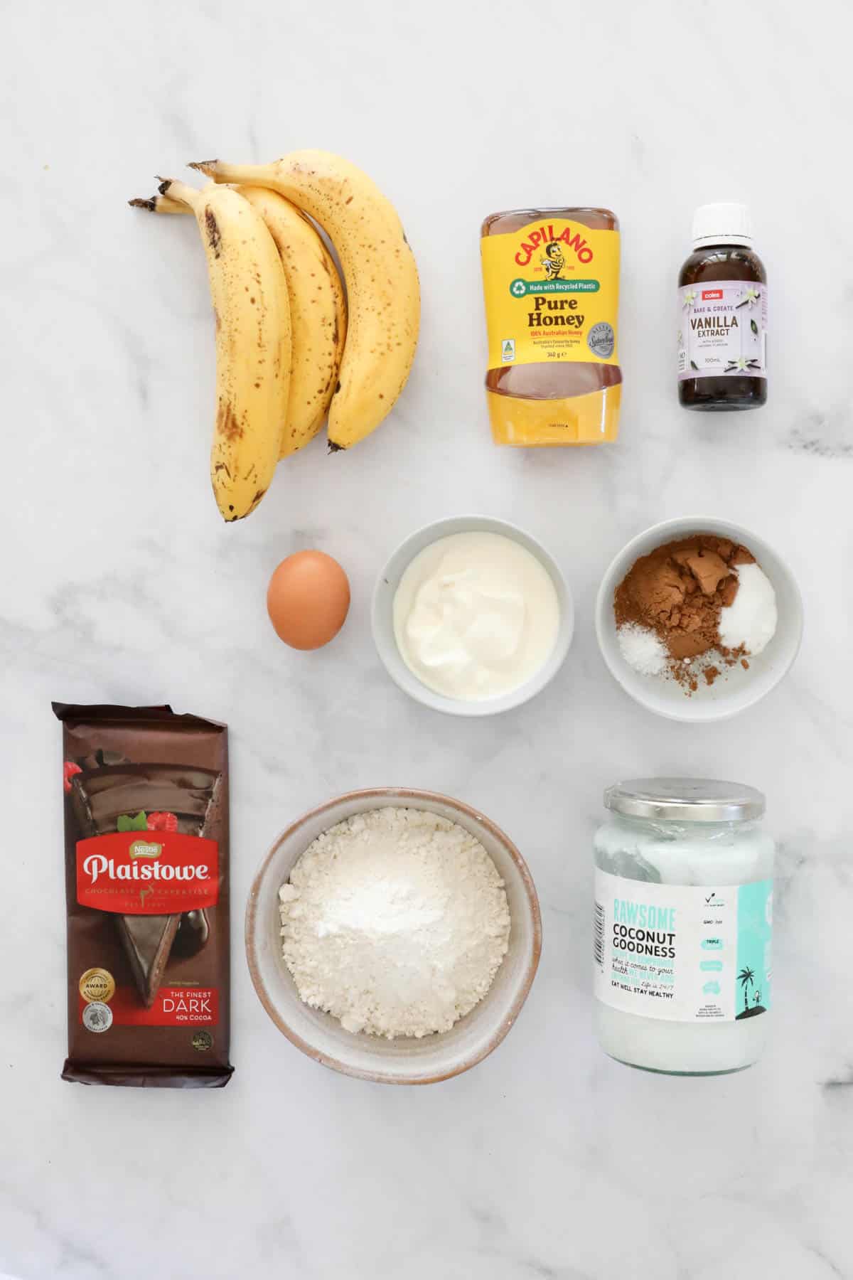 The ingredients for choc banana muffins.
