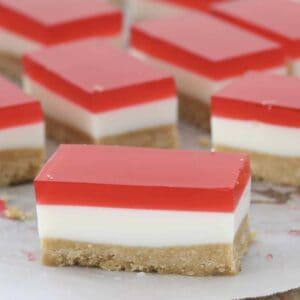 Pieces of strawberry jelly slice.