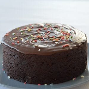 side view of chocolate and coconut cake on a blue plate.