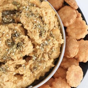 Dip and crackers on a plate.