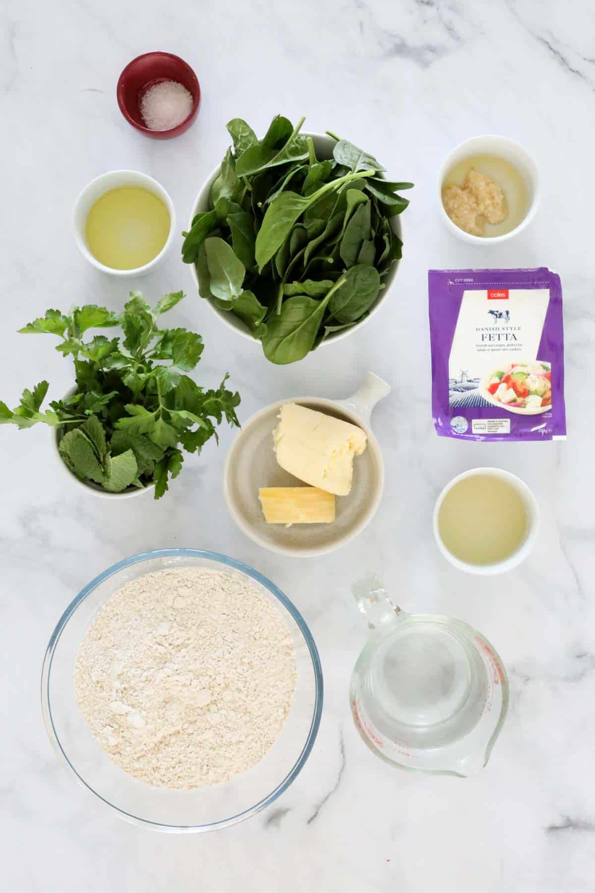 The ingredients for spinach and feta gozlemes. 