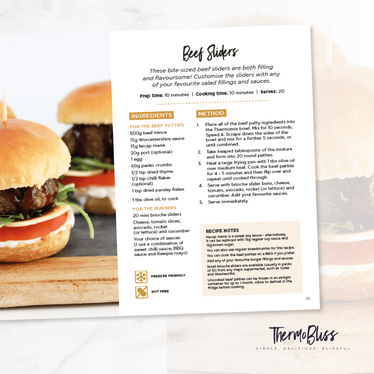 Image of the page featuring Beef Sliders recipe from the Thermomix Entertaining Cookbook.