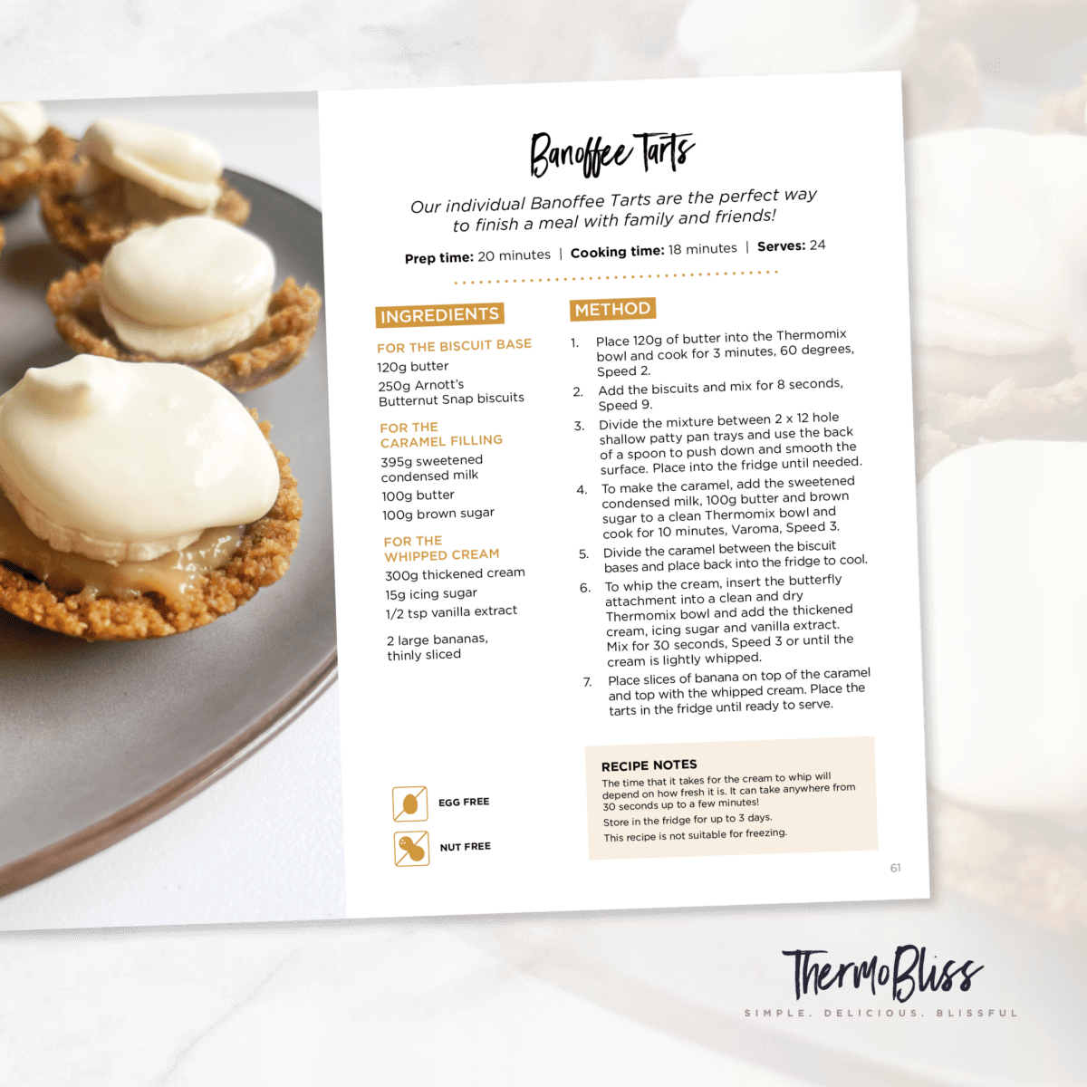 Image of page containing the recipe for mini Banoffee Tarts from the Thermobliss Entertaining Cookbook.