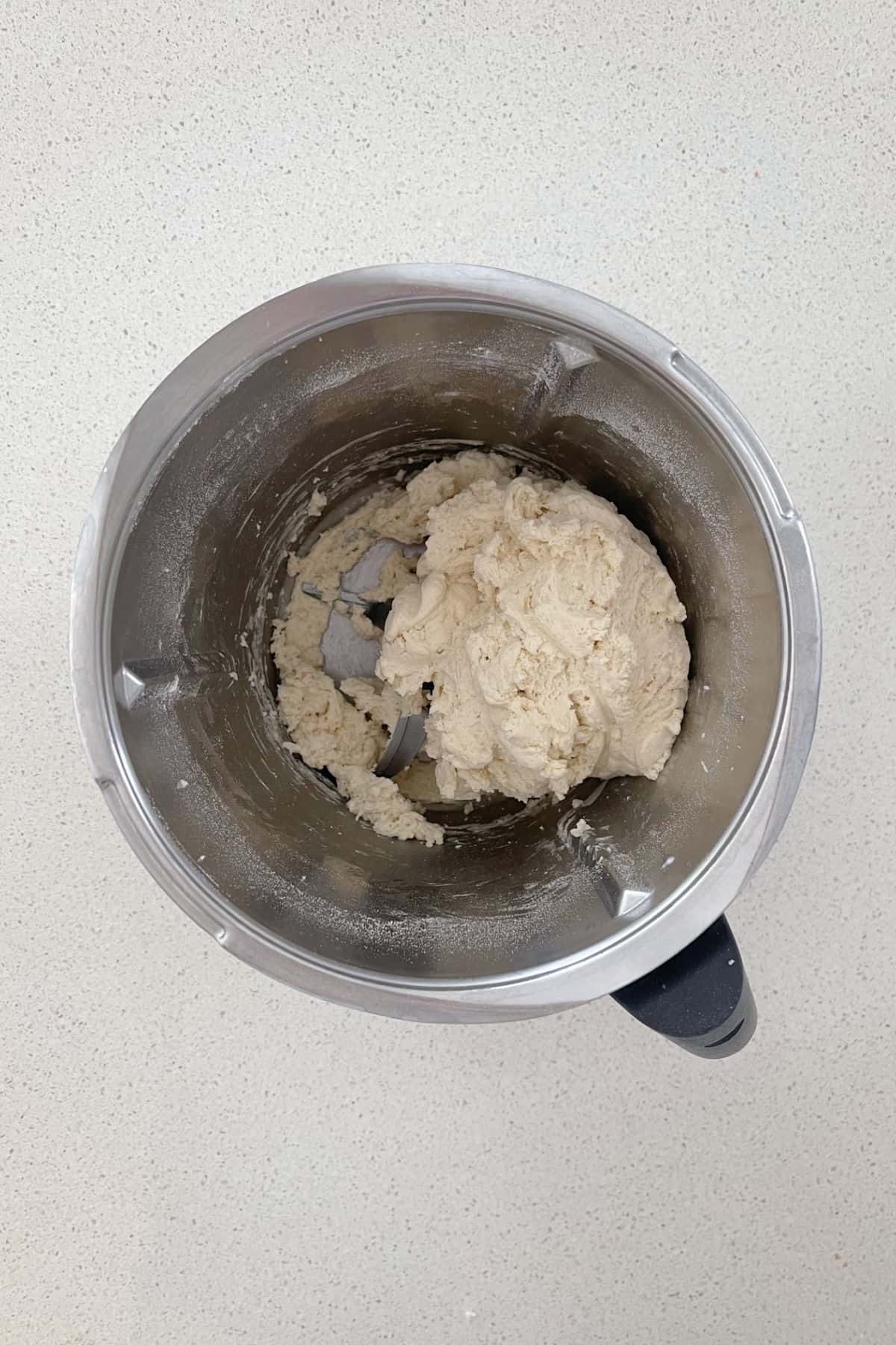 combined ingredients for 2 ingredient dough in a thermomix bowl.