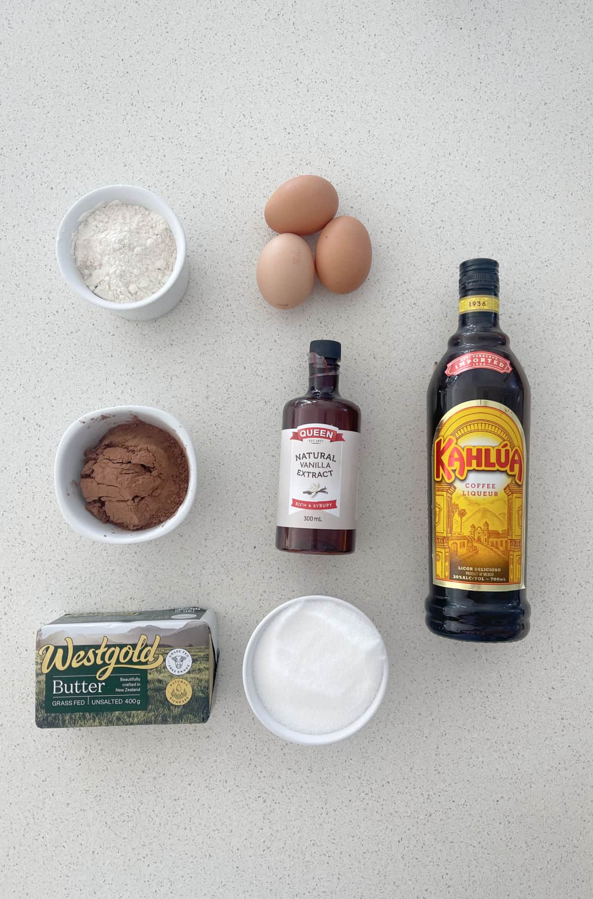 Ingredients to make Kahlua Brownies in a Thermomix on a bench top.