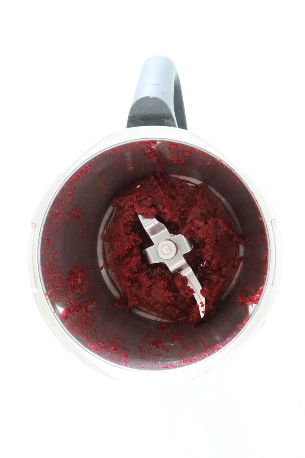 Pureed beetroot in a Thermomix.